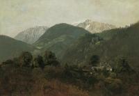 Blick von Scheuchenstein zum Gauermannhof mit Schneeberg im Hintergrund von Friedrich August Mathias Gauermann