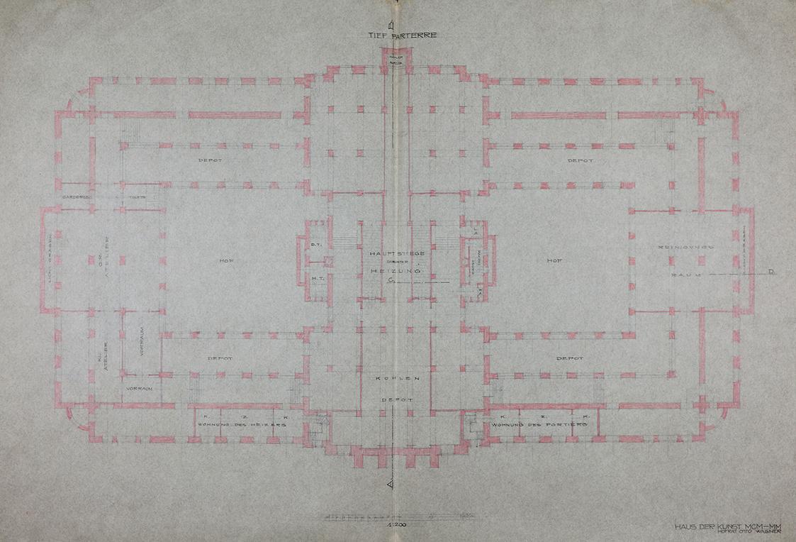 Otto Wagner, Projekt für ein "Haus der Kunst MCM-MM", 1913, Bleistift, rote Kreide, Tusche auf  ...