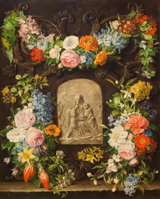 Pauline Koudelka-Schmerling, Blumenkranz mit Madonnenrelief, 1834, Öl auf Leinwand, 68,5 x 55,5 ...