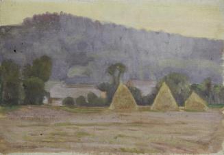 Walther Gamerith, Landschaft mit Heuschobern, vor 1949, Öl auf Leinwand auf Karton, 36 x 51 cm, ...