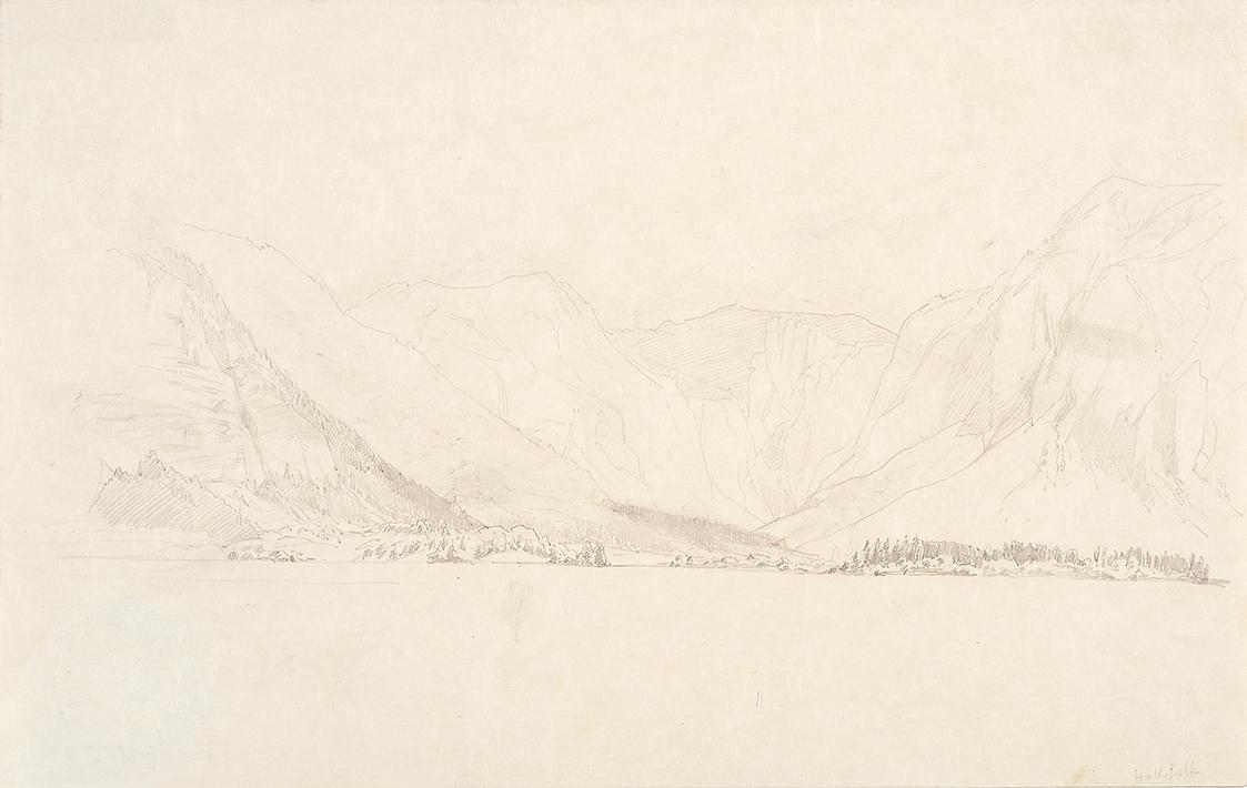 Theodor Alphons, Hallstatt. Blick vom See ins Land, um 1892, Bleistift auf Japanpapier, 17,4 ×  ...