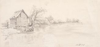 Theodor Alphons, Holzhütte am Seeufer in Hallstatt, 1891, Bleistift auf Papier, 12,3 × 25,6 cm, ...
