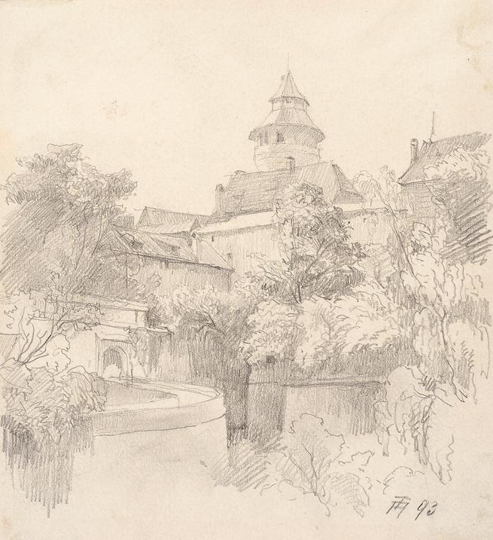 Theodor Alphons, Die Burg in Nürnberg - verso: Schöner Brunnen, 1893, Bleistift auf Papier, 18, ...