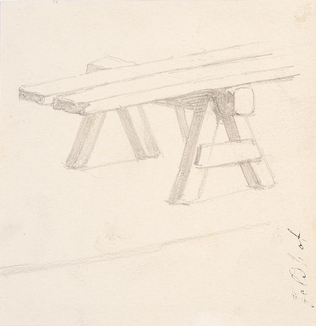 Theodor Alphons, Holzbock mit zwei Brettern, um 1890, Bleistift auf Papier, 9,5 × 8,5 cm, Belve ...