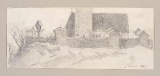 Theodor Alphons, Schenna. Kirche mit Friedhof, 1894, Bleistift auf Papier, 8,8 × 20,9 cm, Belve ...