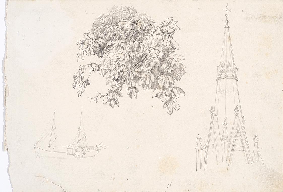 Theodor Alphons, Laubwerk, Turmhelm, Schiff, um 1880/1890, Bleistift auf Papier, 12,6 × 18,6 cm ...