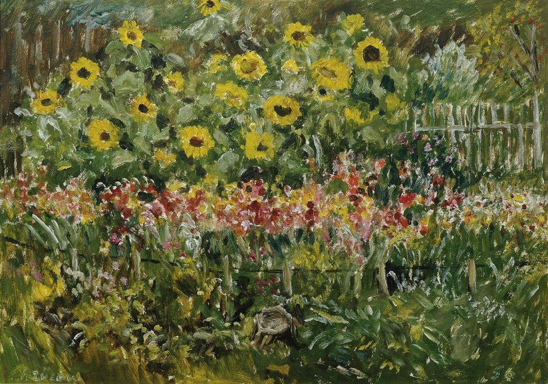 Franz von Zülow, Sonnenrosen und Gladiolen in meinem Garten, 1956, Öl auf Karton, 50 x 70,5 cm, ...