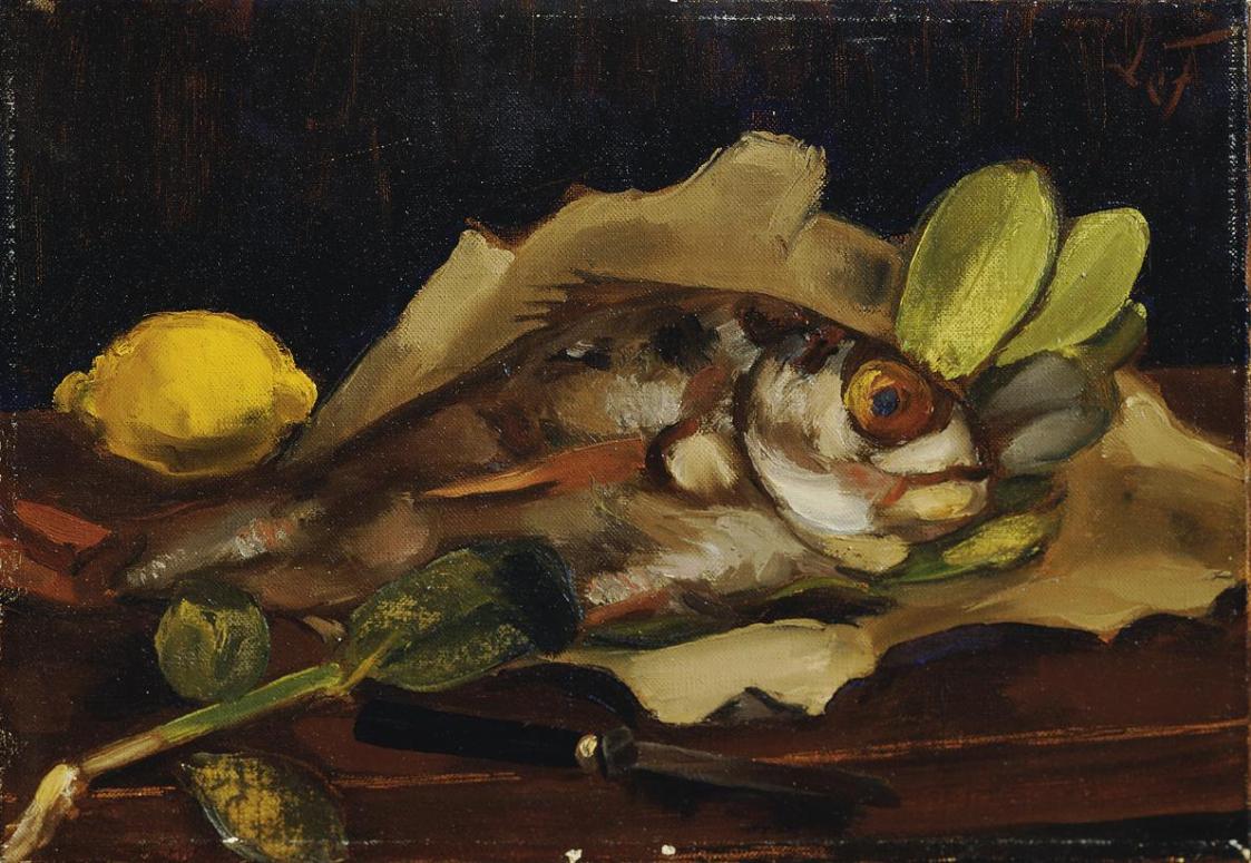 Henri Victor Gabriel Le Fauconnier, Fischstillleben mit Zitrone, 1921, Öl auf Leinwand, 38,4 x  ...