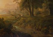 Joseph Rebell, Waldlandschaft mit Sonnenaufgang, Detail im Mittelgrund: Hirtengruppe, 1809, Öl  ...
