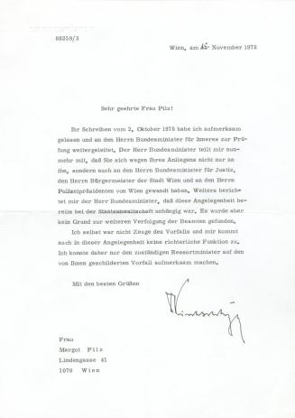 Margot Pilz, Brief Bundespräsident, 1978, Schreibmaschine und Kugelschreiber auf Papier, 29,7 × ...