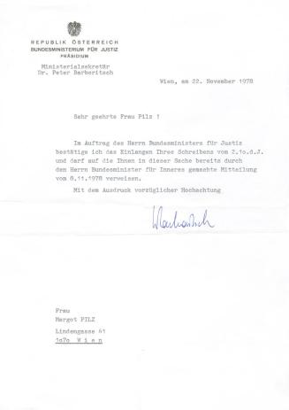 Margot Pilz, Brief Bundesministerium für Justiz – Ministerialsekretär Dr. Peter Barboritsch, 19 ...