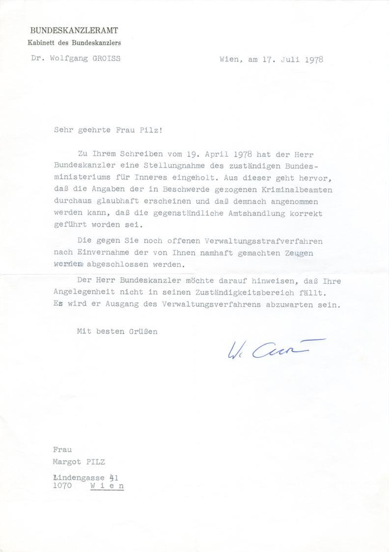 Margot Pilz, Brief Bundeskanzleramt – Dr. Wolfgang Groiss, 1978, Schreibmaschine und Kugelschre ...