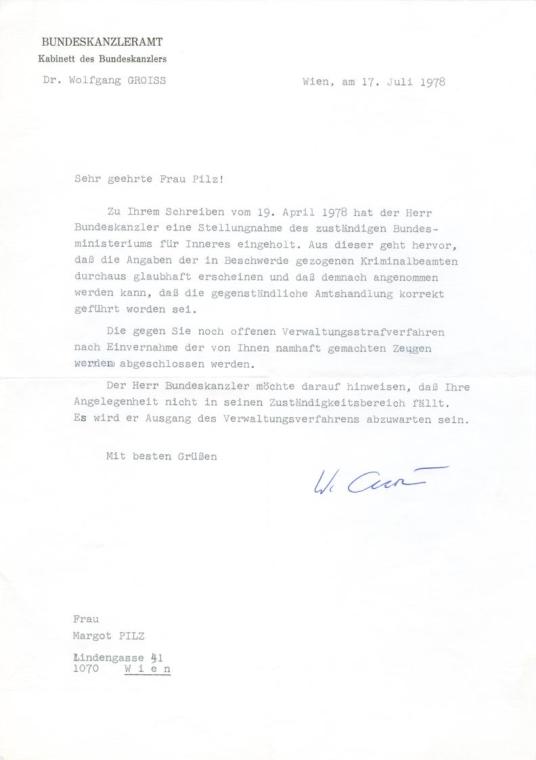 Margot Pilz, Brief Bundeskanzleramt – Dr. Wolfgang Groiss, 1978, Schreibmaschine und Kugelschre ...