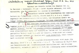 Margot Pilz, Ausschnitte der Polizeiprotokolle, 1978, Roter und schwarzer Filzstift auf Kodak F ...