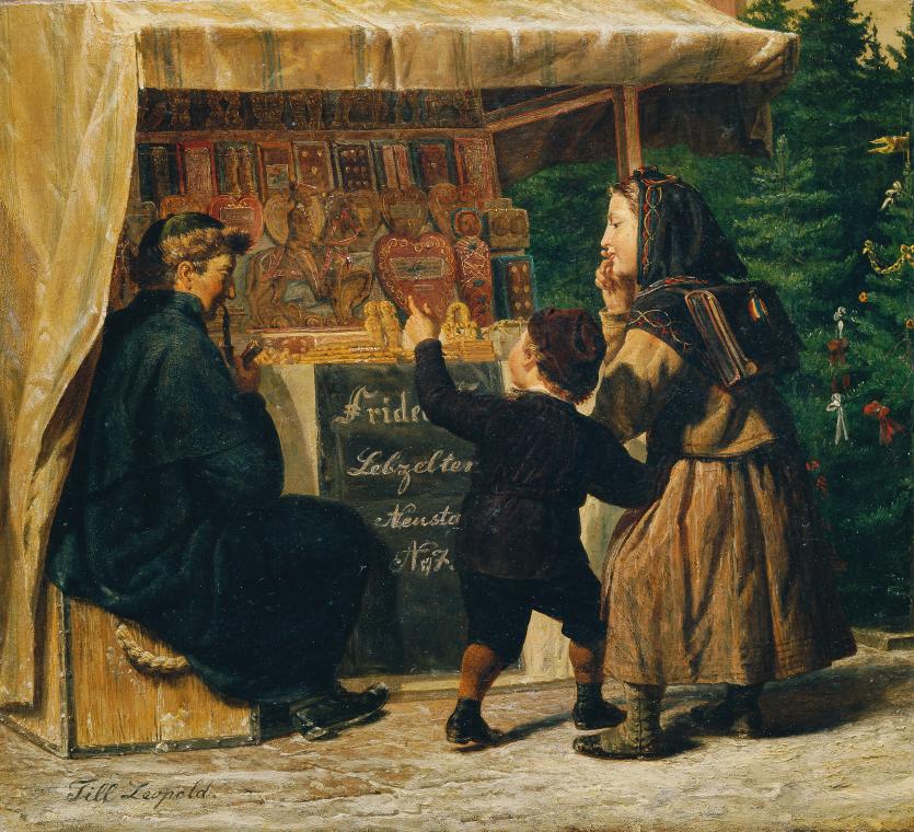 Leopold Till, Lebzelterstand auf dem Weihnachtsmarkt, Öl auf Leinwand, 32 x 35 cm, Belvedere, W ...