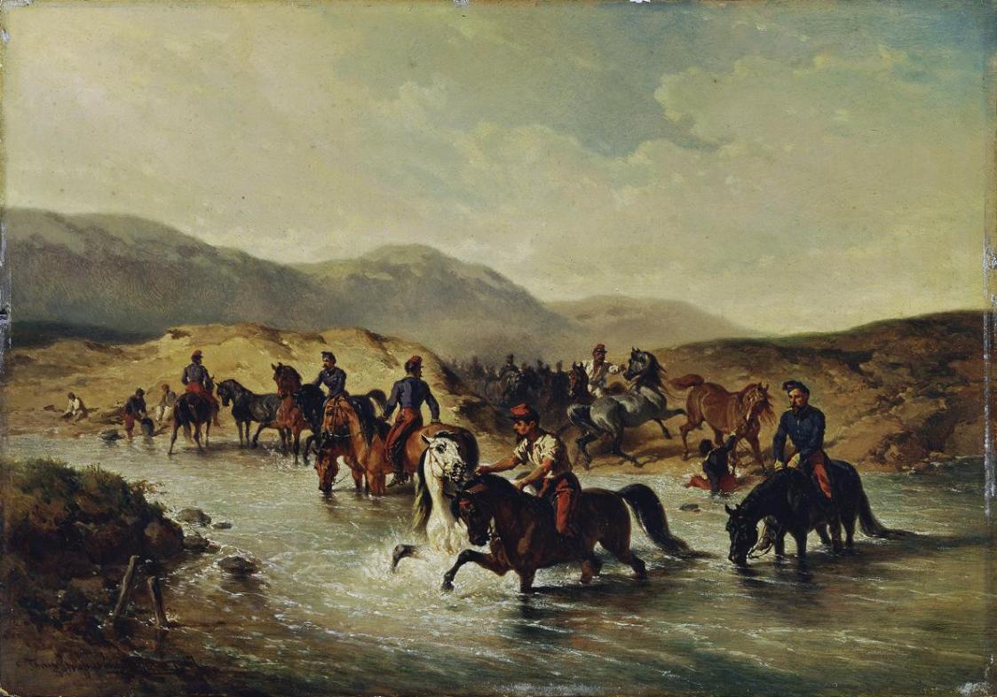 Französische Kavallerie in der Pferdeschwemme von Joseph Anton Strassgschwandtner