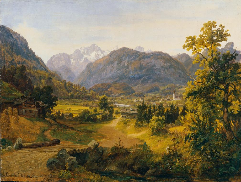 Anton Schiffer, Das Unkental in Salzburg, 1843, Öl auf Papier auf Leinwand, 35,5 x 46 cm, Belve ...