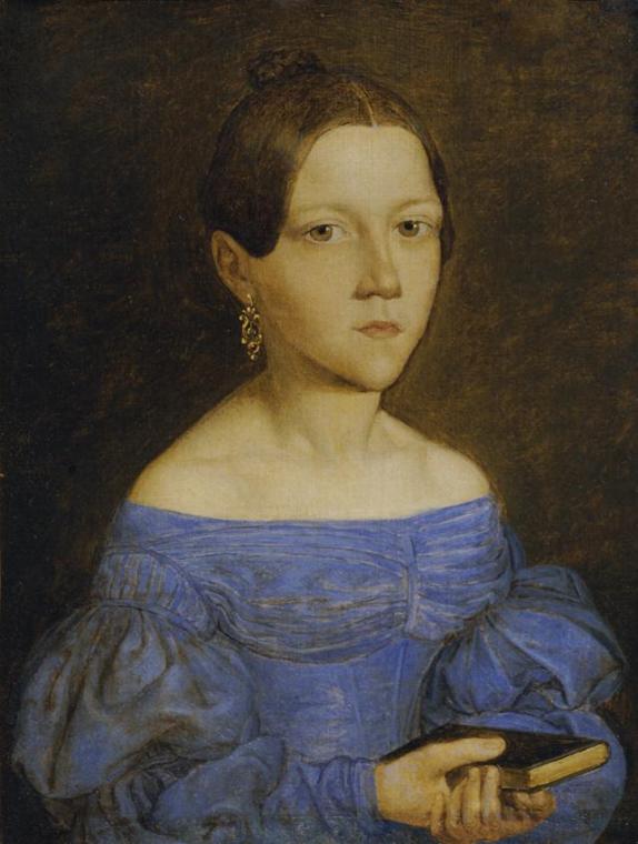 Friedrich Wasmann, Brustbild eines jungen Mädchens in blauem Kleid, Öl auf Leinwand, 17 x 13,5  ...
