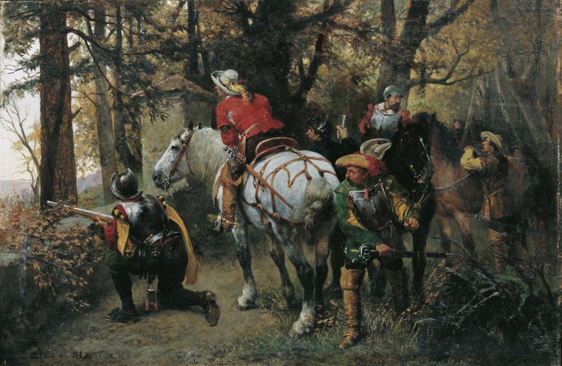 Julius von Blaas d. Ä., Feinderkundung, 1888, Öl auf Holz, 33 x 50,5 cm, Belvedere, Wien, Inv.- ...