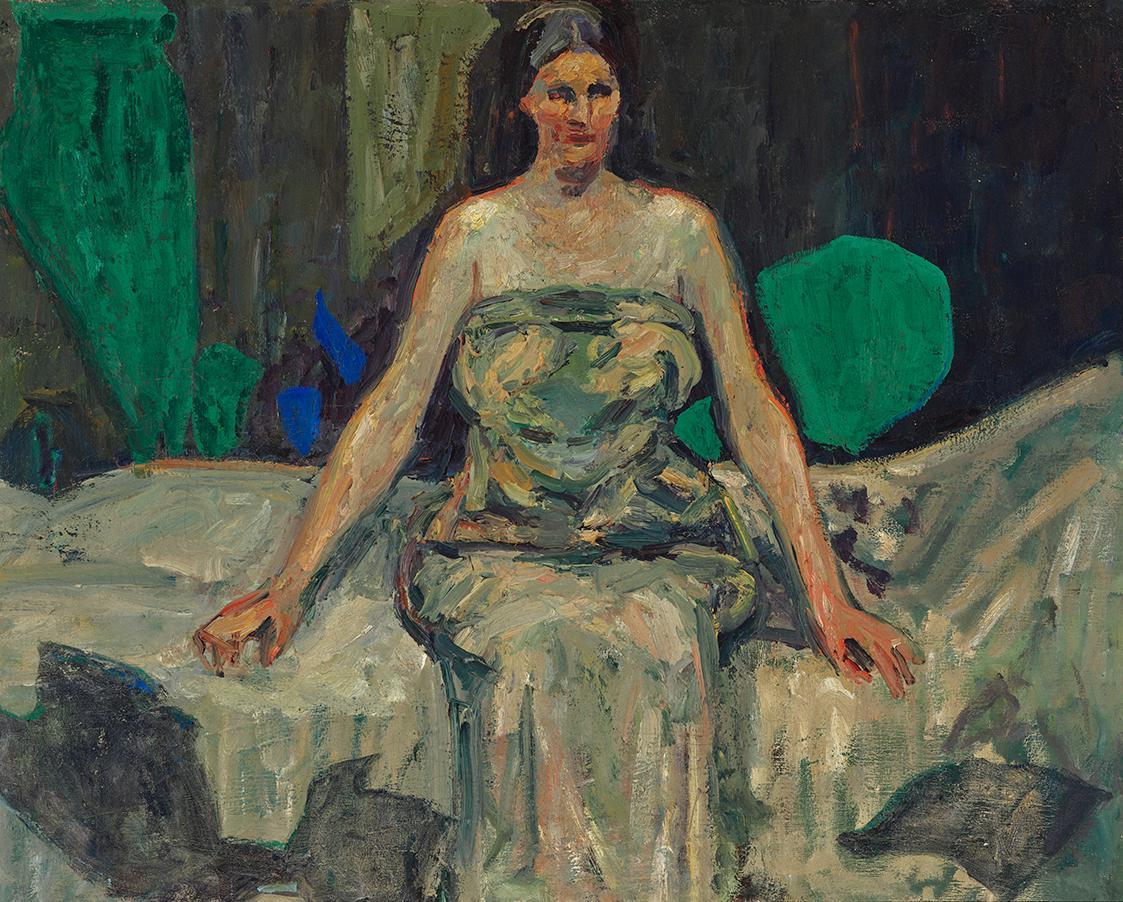 Adolf Hölzel, Sitzende Frau im Simultankontrast, um 1908, Malerei auf textiilem Bildträger, 67  ...