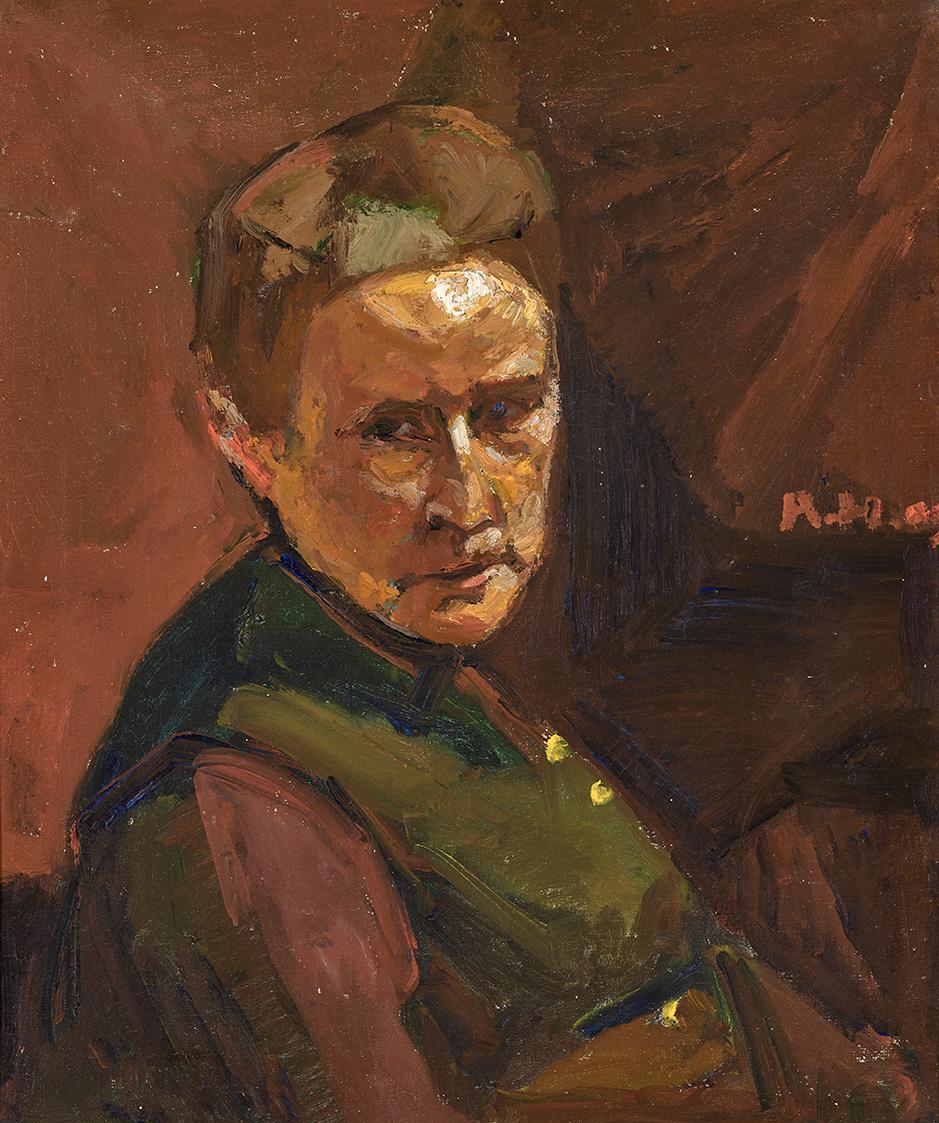 Adolf Hölzel, Frauenkopf, 1903, Malerei auf textiilem Bildträger, 60,5 × 51 cm, Leihgabe aus Pr ...