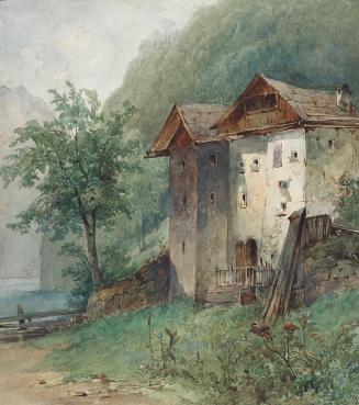 Joseph Selleny, Häuser an Gebirgssee, undatiert, Aquarell auf Papier, Bildausschnitt: 30 × 26,7 ...