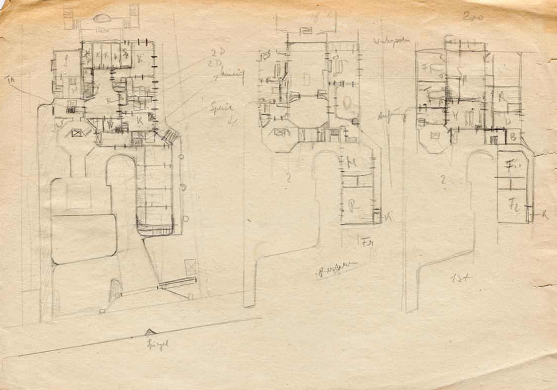 Franz von Matsch, Entwurfsskizzen zu Matschs Ateliervilla - Grundriss von drei Stockwerken, 189 ...