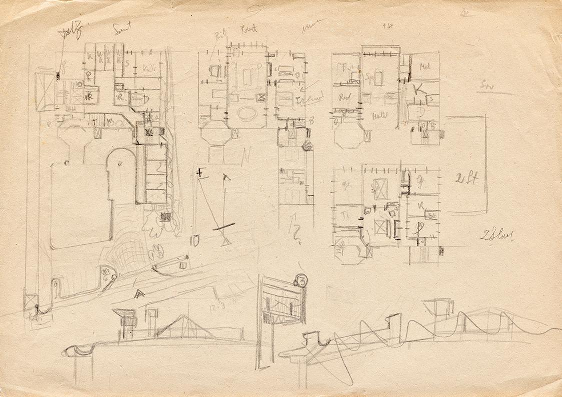 Franz von Matsch, Entwurfsskizzen zu Matschs Ateliervilla - Grundrisse und Dachkonstruktion, 18 ...
