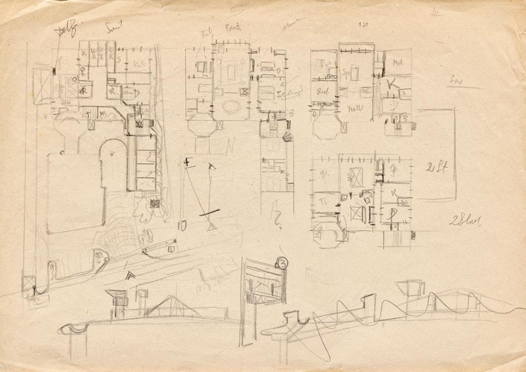 Franz von Matsch, Entwurfsskizzen zu Matschs Ateliervilla - Grundrisse und Dachkonstruktion, 18 ...