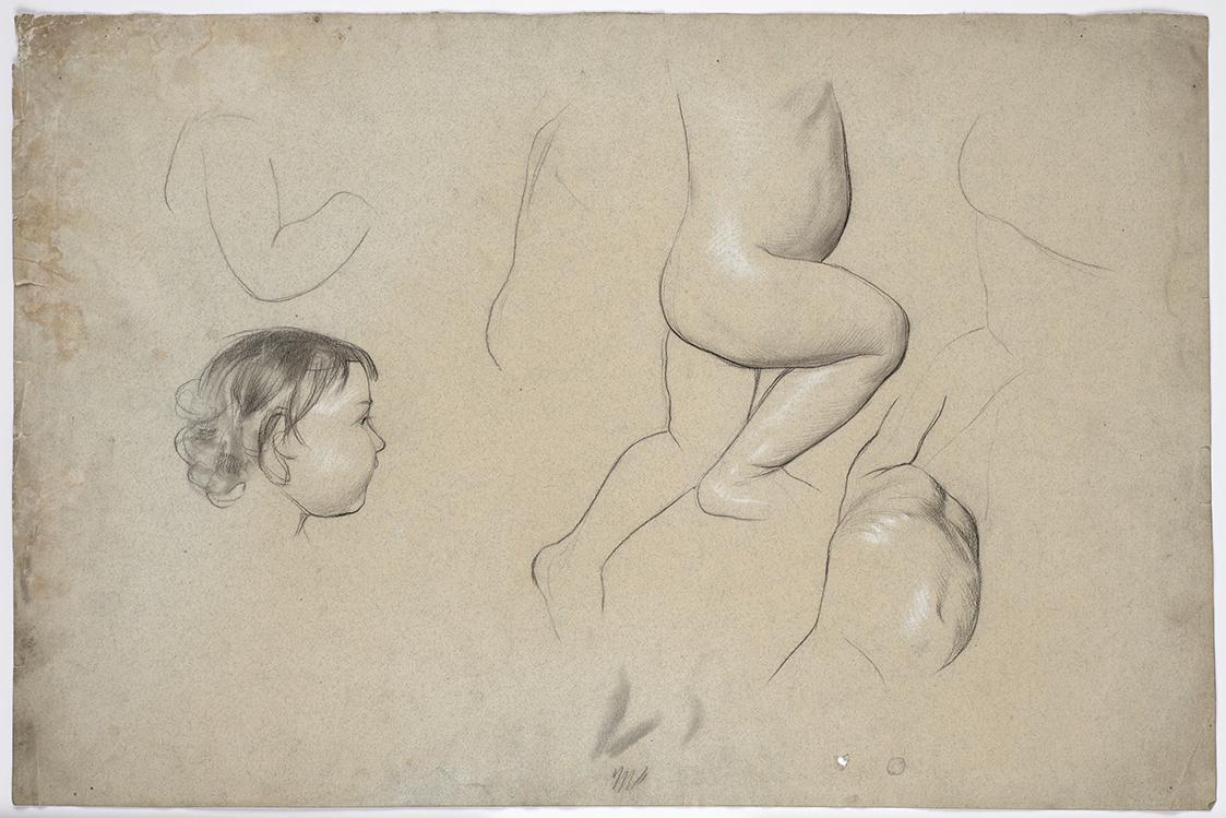 Franz von Matsch, Studien von Kinderkörperteilen und eines Kinderkopfes im Profil, um 1882, Ble ...