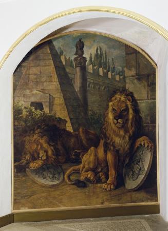 Johann Nepomuk Höchle, Löwe mit dem Wappen des Hauses Habsburg-Lothringen, undatiert, Öl auf Le ...
