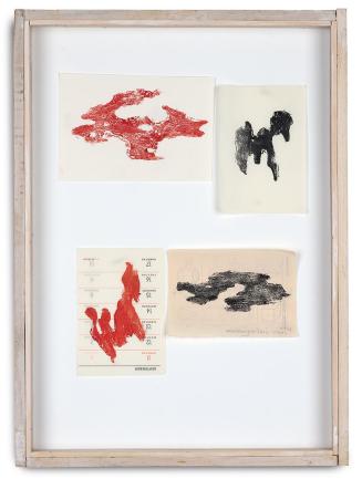 Lois Weinberger, Wege, 1978, Offsetfarbe, Tusche auf Papier, 4-teilig, je: 13 × 17,5 cm, Belved ...