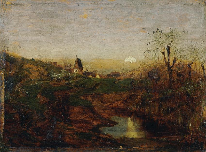 Franz Hoffmann von Fallersleben, Abenddämmerung in Moorlandschaft, um 1885, Öl auf Holz, 26 x 3 ...