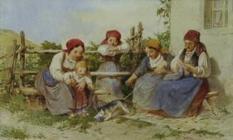 Heinrich Stohl, Frauen und Kinder mit spielender Katze, Aquarell auf Papier, 15,5 x 25 cm, Belv ...