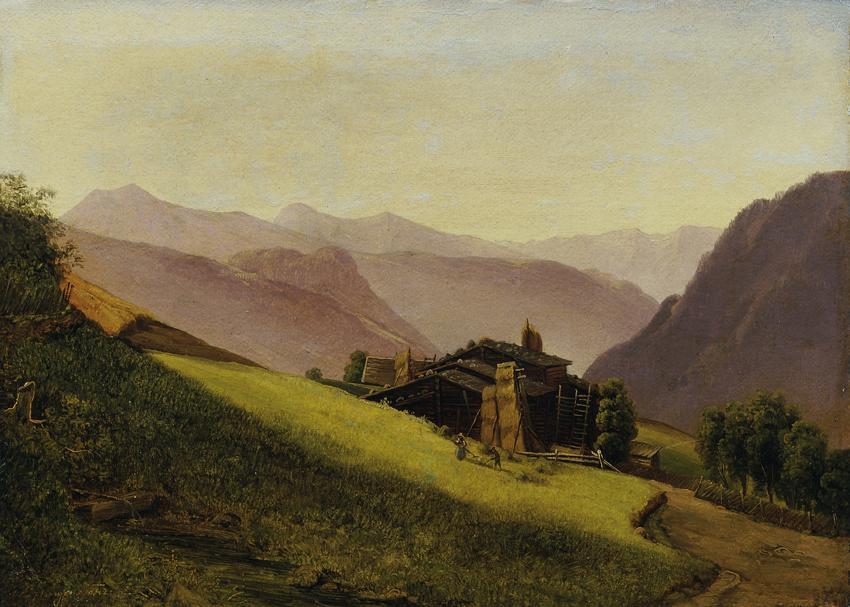 Franz Wipplinger, Gebirgslandschaft mit Almhütten und heuenden Bauern, 1842, Öl auf Papier auf  ...