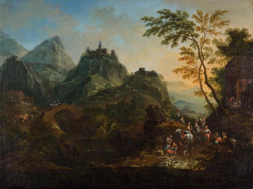 Maximilian Joseph Schinnagl, Ideale Berglandschaft mit Brücke, undatiert, Öl auf Leinwand, 52,5 ...