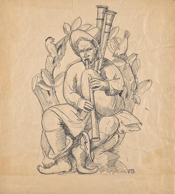 Franz Barwig, Dudelsackspieler, um 1915/1920, Tusche über Bleistift auf Papier, 39,5 × 35,1 cm, ...