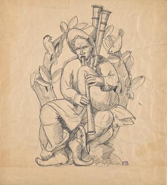 Franz Barwig, Dudelsackspieler, um 1915/1920, Tusche über Bleistift auf Papier, 39,5 × 35,1 cm, ...
