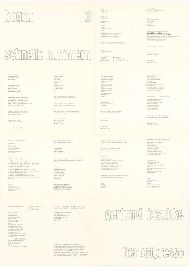Gerhard Jaschke, bogen 6, gerhard jaschke, schnelle nummern, herbstpresse, 1976, Druck auf Papi ...
