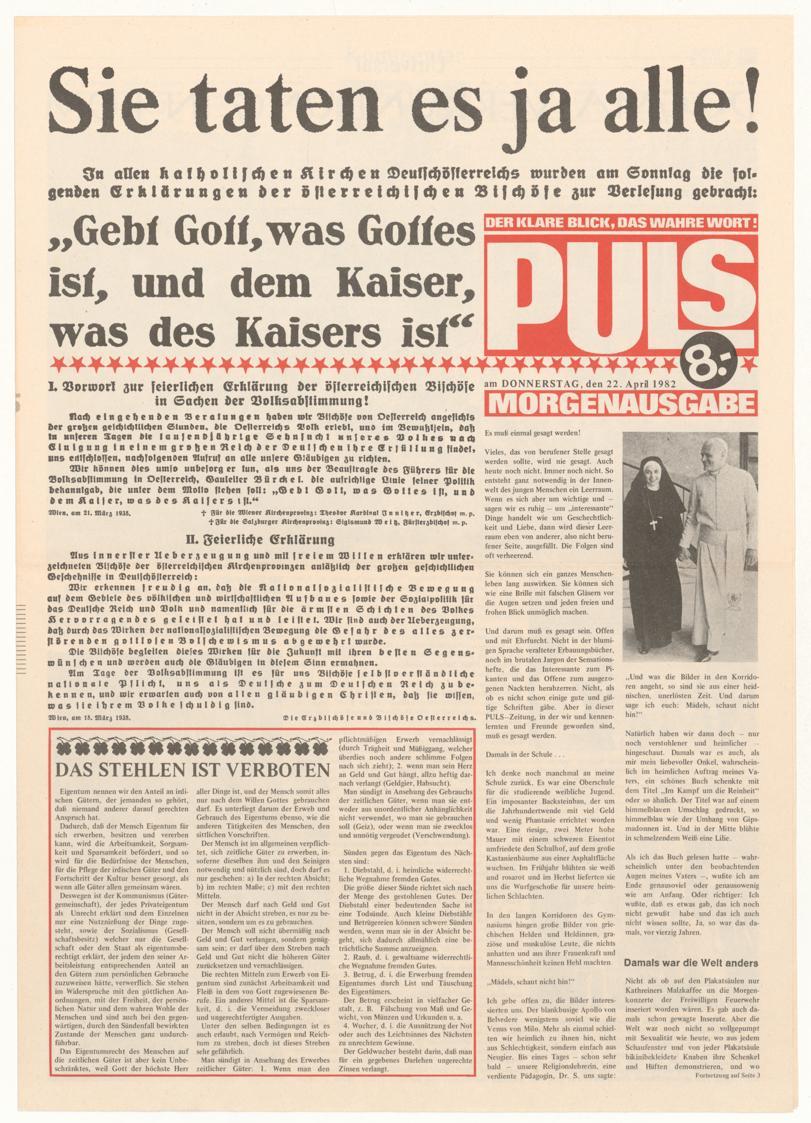 Erwin Puls, PULS – DER KLARE BLICK, DAS WAHRE WORT!, 22.4.1982, Offset-Druck auf Papier, 48,9 × ...