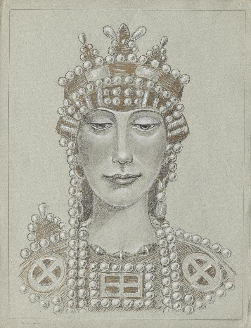 Franz von Matsch, Kaiserin Theodora, undatiert, Bleistift, Kohle, Tempera in Gold und Weiß, 49, ...