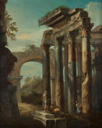 Giovanni Paolo Pannini, Römische Ruinenlandschaft, 1730/1770, Öl auf Leinwand, 47,5 × 38 cm, Be ...