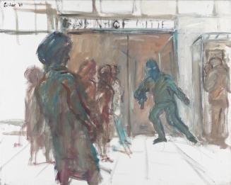 Georg Eisler, Tödlicher Vorfall am Bahnhof Mitte, 1989, Öl auf Leinwand, 80 × 100 cm, Belvedere ...