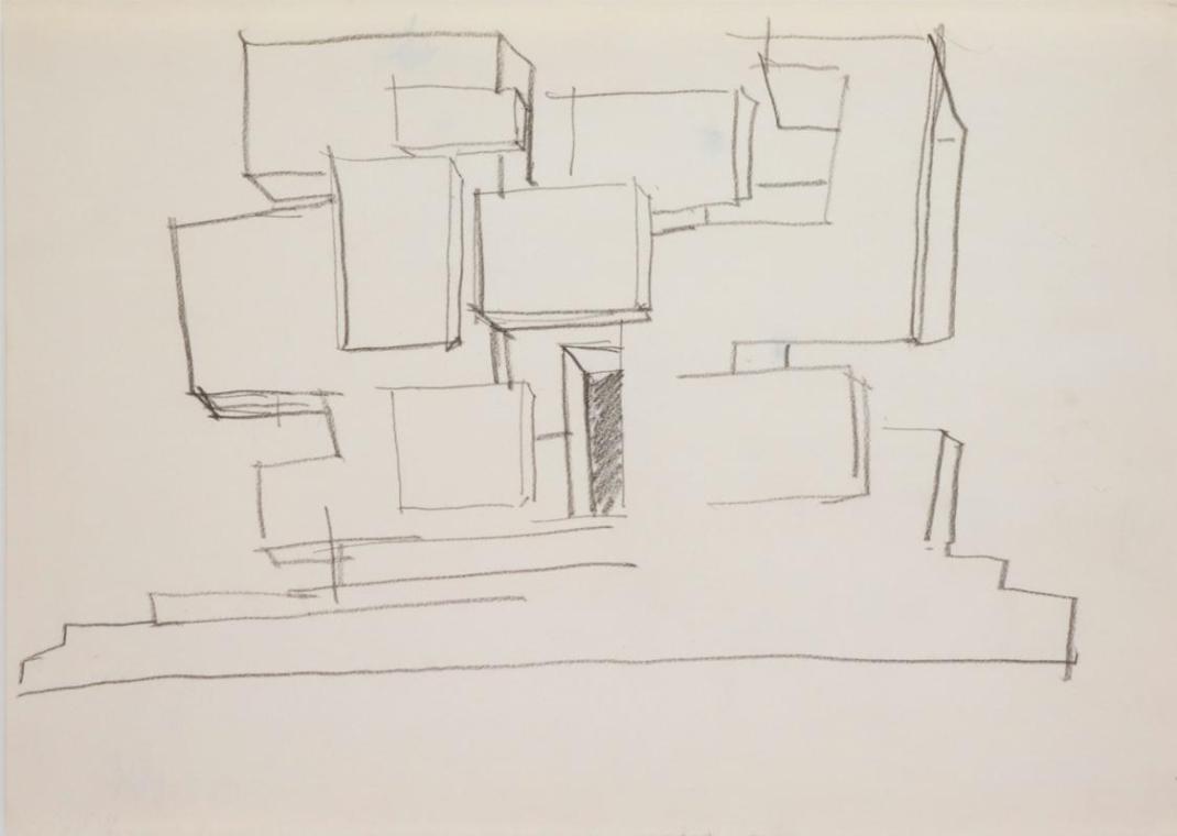 Fritz Wotruba, Skizze zu einer Architektur, 1966, Bleistift auf Papier, Blattmaße: 29,1 × 41,8  ...