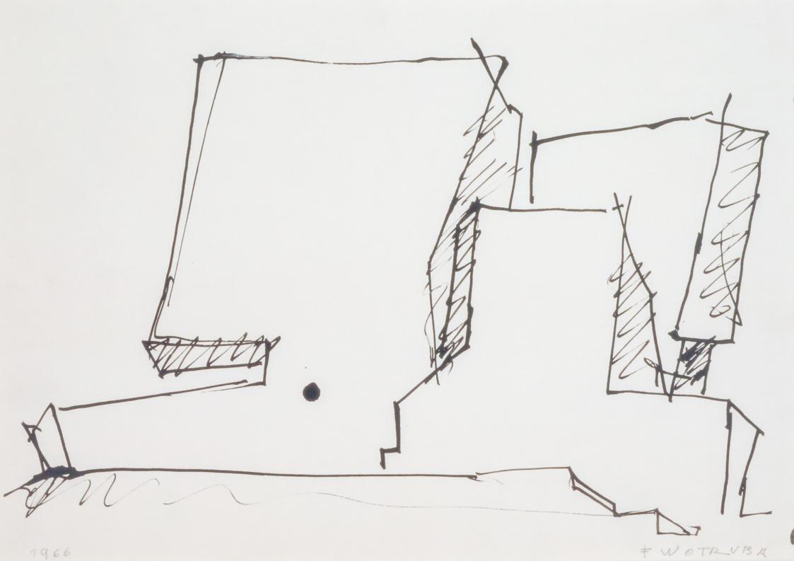 Fritz Wotruba, Plastische Architektur (Skizze), 1966, Tusch, Feder auf Papier, Blattmaße: 29,7  ...