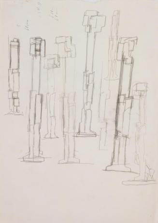 Fritz Wotruba, Stehende Figuren, 1959, Bleistift auf Papier, Bezeichnungen: blauer Kugelschreib ...