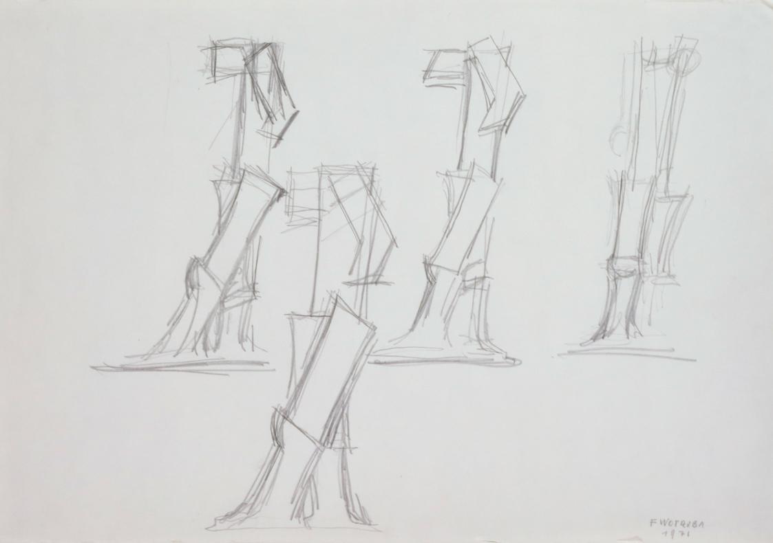 Fritz Wotruba, Vier Torsi, schreitend, 1971, Bleistift auf Papier, Blattmaße: 34 × 48,6 cm, Bel ...