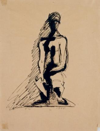 Fritz Wotruba, Sitzender (Skizze zu einem Stein), 1945, Tusche, Feder, mit Finger gewischt, auf ...