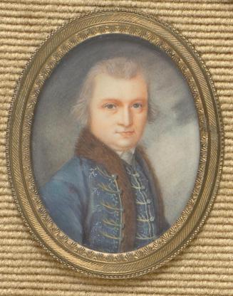 Zuschreibung an Augustin Théodule Ribot, Herrenportait mit blauem Revers, um 1805, Elfenbein, 5 ...