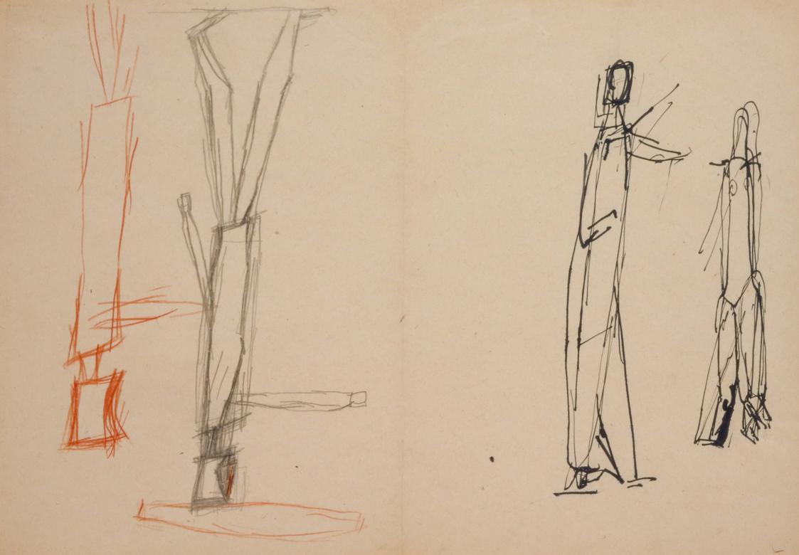 Fritz Wotruba, Vier Figuren, undatiert, Bleistift, Buntstift (rot), Tusche mit Feder
auf Papier ...